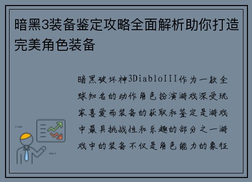 暗黑3装备鉴定攻略全面解析助你打造完美角色装备